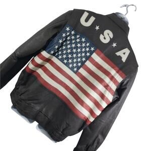 WILDA! RICH BROWN GENUINE LEATHER AMERICAN FLAG BACK BOMBER JACKET, COAT! SZ M